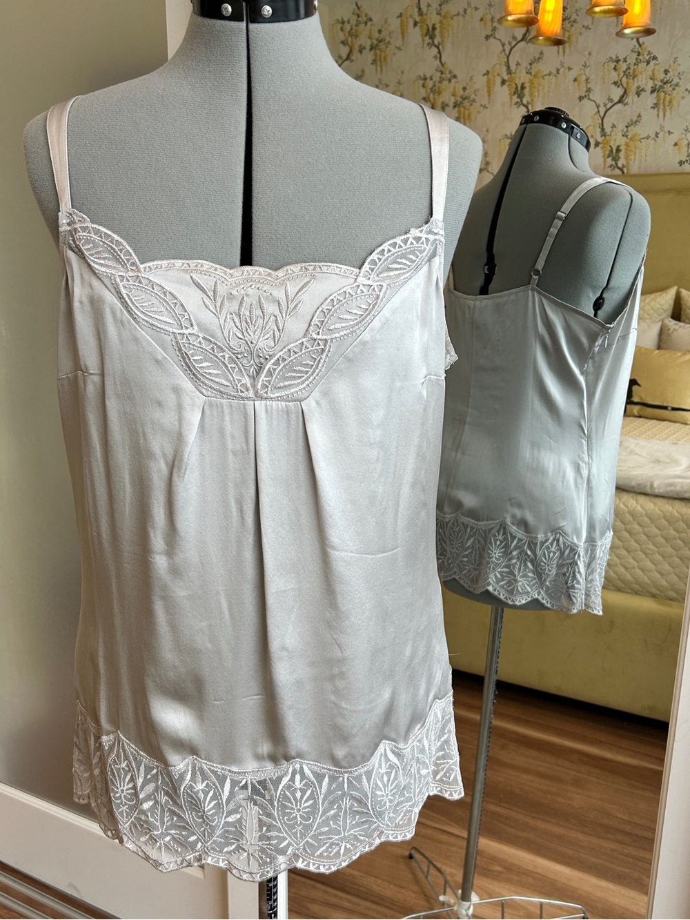 White House Black Market Pale Silver Silk Embroidered Camisole